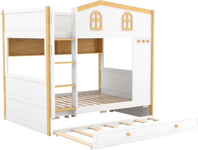 Bellemave Bunk beds Full Over Full with Twin Size Trundle, Low bunk Bed for Kids Adults and Teenagers，White