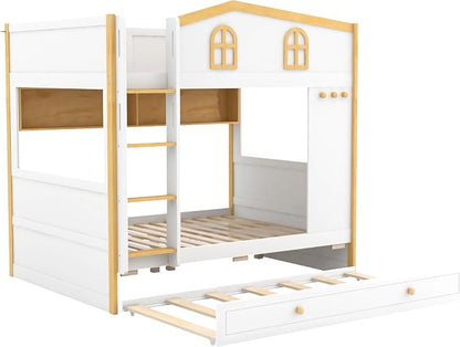 Bellemave Bunk beds Full Over Full with Twin Size Trundle, Low bunk Bed for Kids Adults and Teenagers，White
