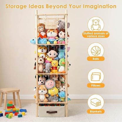 Stuffed Animal Storage Tower, 4-Tier Wooden Stuffed Animal Organizer Holder, Plushies Storage with Two Wooden Cute Zoo Signs for Nursery Playroom Bedroom