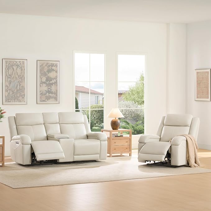 Watson & Whitely Genuine Leather Power Loveseat Recliner Sofa, Wall Hugger Loveseat Reclining Sofa with Storage Console, Power Headrest, Cup Holders, Dual Recliners for Living Room, RV, Cream