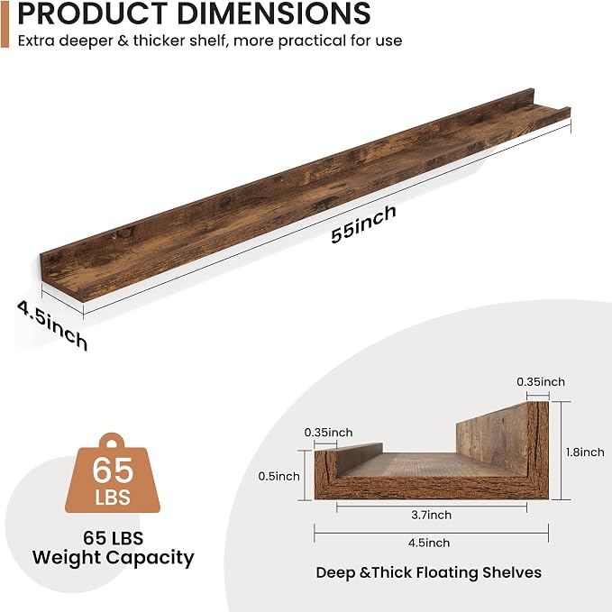 Fun Memories Picture Ledge Shelves Set of 2, 55 Inch Rustic Wall Mounted Floating Shelves with Lip for Home Storage and Décor in Bathroom, Kitchen, Nursery, Bedroom, Living Room, Brown