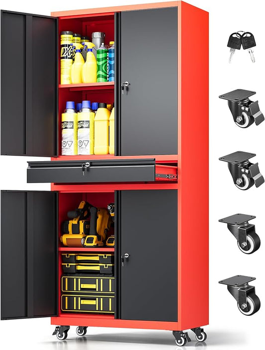 73" Metal Garage Storage Cabinet with Wheels， Rolling Tool Storage with Locking Doors， Adjustable Shelves and Drawer, Heavy Duty Steel Tool Cabinet for Garage, Warehouse, School(Red Black)