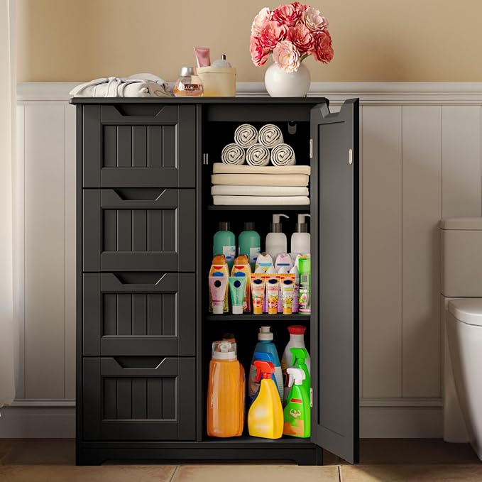 Gizoon Small Kitchen Pantry Storage Cabinet with Door and Shelves, 33'' Kitchen Pantry Cabinet Freestanding Wooden Bathroom Storage Cabinet with 4 Drawers for Kitchen and Dining Room, Black, Painted