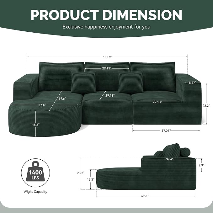 Boneless Couches for Living Room,Cloud Sectional Couch with L-Shape Chaise,Modern Modular Sofa with Deep Seat Upholstered Comfy Couches for Bedroom,No Assembly Required,1PCS