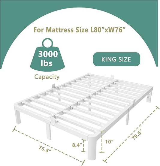 ITIMIDI 10 Inch White Bed Frame King Size with Metal Gaskets,Metal Platform Bed Frame King, No Box Spring Needed, Heavy Duty Steel Support 3500 LBS, Anti-Slip Mattress Stopper, Easy Assembly