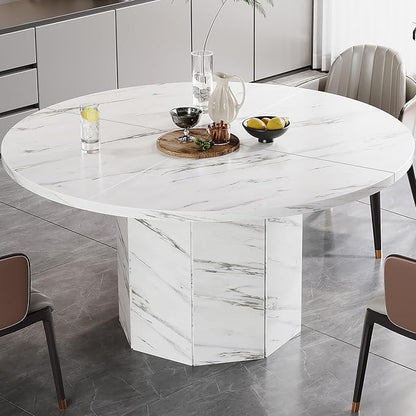 HSH Round Dining Table for 4-6, 47” White Faux Marble Dinner Table only, Modern Circle Kitchen Table for Home Living Room, Industrial Wood Dining Room Table with Octagon Base, White Marble