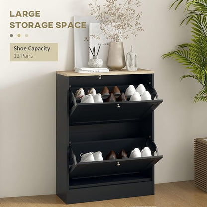 HOMCOM Shoe Storage Cabinet with 2 Flip Drawers, Wooden Freestanding Shoe Organizer with Adjustable Shelves for Entryway, Hallway, Black