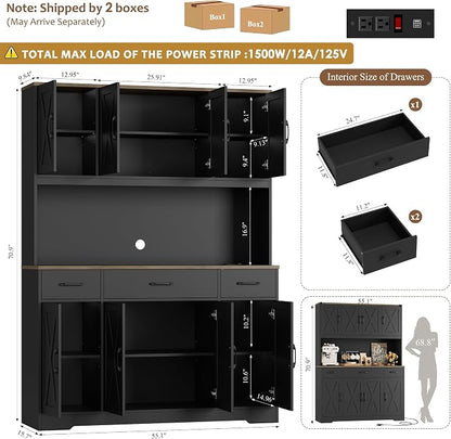 HOSTACK 71" Tall Pantry Cabinet with Charging Station, 55" Wide Kitchen Pantry Storage Cabinet with Countertop, Large Kitchen Hutch with Storage Drawers and Microwave Stand for Dining Room, Black