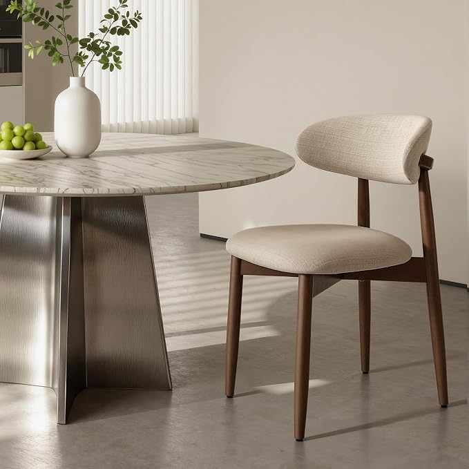 COLAMY Mid-Century Modern Wooden Dining Chair Set of 2, Indoor Upholstered Kitchen Chairs with 2.6" Cozy Padded Seat, Walnut Finish Side Dining Chair for Dining Room & Kitchen, Beige