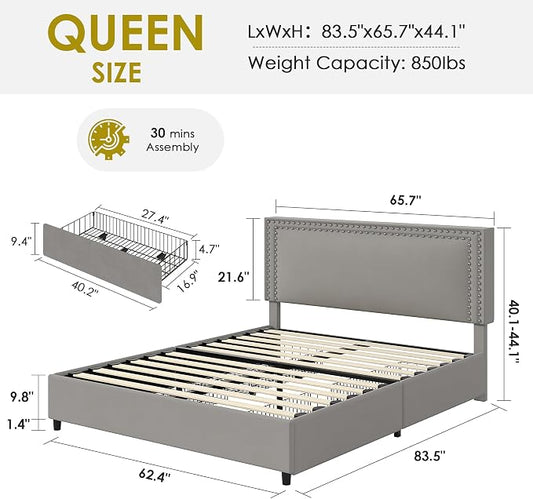 VECELO Queen Size Upholstered Bed Frame with 4 Storage Drawers, Adjustable Velvet Rivet Decor Headboard, Wooden Slats Platform Support, No Box Spring Needed, Easy Assembly,Dark Grey