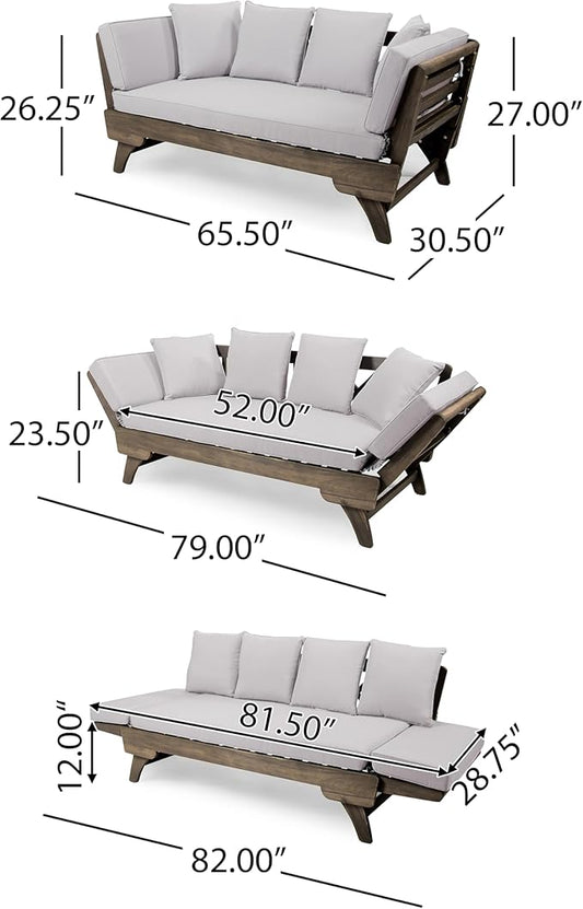 Christopher Knight Home Gary Patio Convertible Couch, Wooden Outdoor Daybed, 3-Seater Acacia Wood Patio Furniture Lounge Sofa for Backyard/Poolside/Garden, Back Pillow+Removable Cushion, Grey