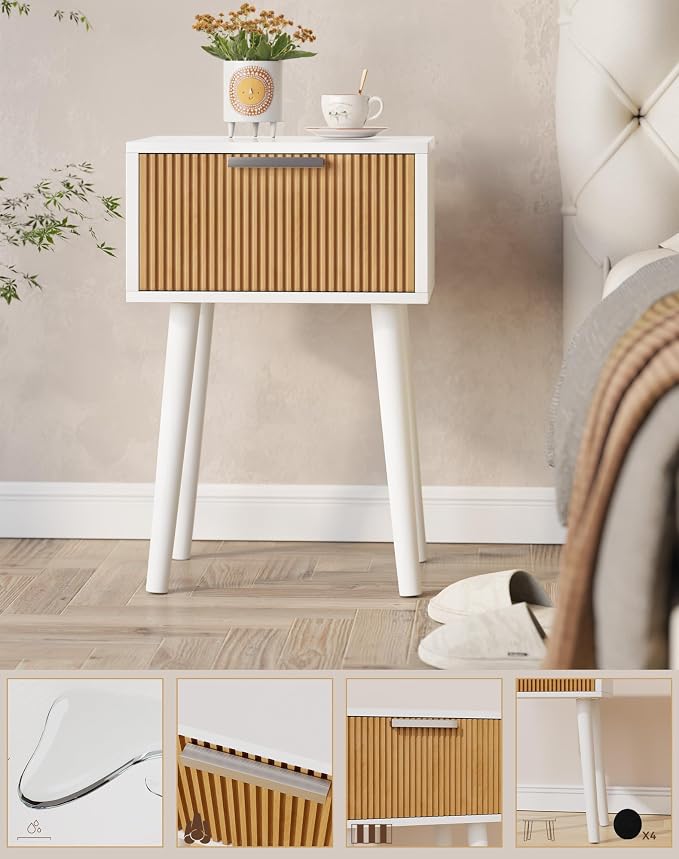 YMYNY Narrow Fluted Nightstand Set of 2, Small End Table, Modern Coffee Table with Drawer, Solid Wood Legs, Retaining Chain, for Bedroom and Small Spaces, White and Natural UHST014WN-2