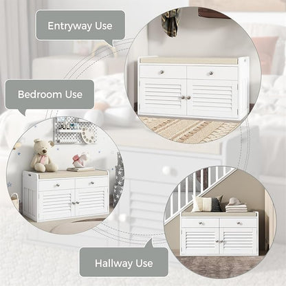 WARMHONIU Shoe Storage Bench with 2 Drawers, Entryway Bench with Cushion, Adjustable Shelves, Shoe Rack Bench with Louvered Doors for Entryway, Bedroom, Hallway, White
