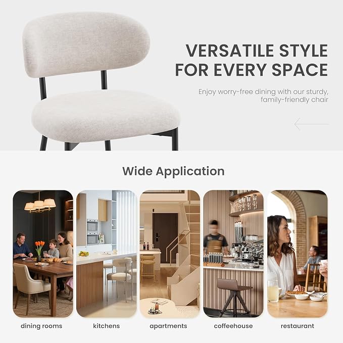 Upholstered Dining Chairs Set of 2, Modern Fabric Kitchen Chairs with Curved Backrest and Cushioned Seat, Sturdy Metal Legs, Modern Dining Chairs for Kitchen Dining Room, Living Room,Beige