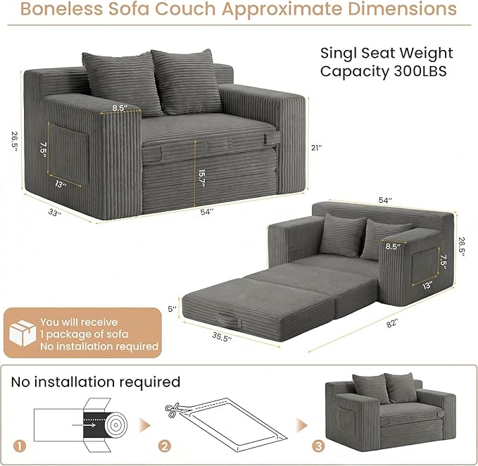 Boneless Loveseat Sofa Bed, Tri-Folding Convertible Futon Sleeper with Handle & Side Pockets, 54'' Boneless Couch with Hook and Loop No Assembly for Small Space,Living Room & Bedroom