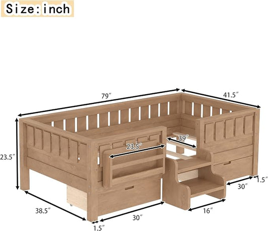 Bellemave Twin Size Kids Bed with high Rails and with Built-in Bookshelf and Drawers for Kids, Girls, Boys, Wood Montessori Bed Without Door, Natural