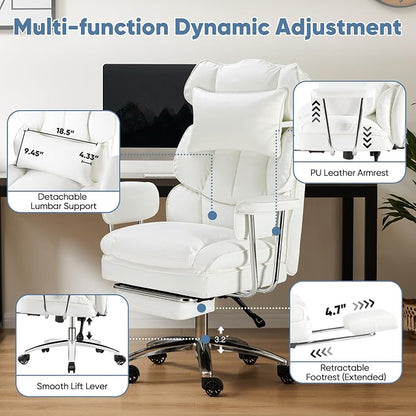 DUMOS Home Office Desk Executive Chair, Big Tall High Back, Snow White | Ergonomic Chair with Footrest & Lumbar Support, Height Adjustable, Comfy PU Leather Computer Gaming with Swivel Wheels