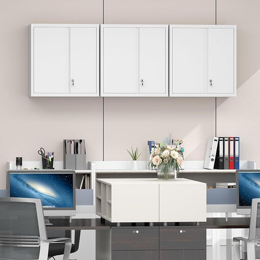 GREATMEET Locking Metal Wall Cabinet, Metal Storage Cabinet with 2 Shelves, Wall Mount Cabinet with Lock, Floating Garage Cabinets with Adjustable Shelf