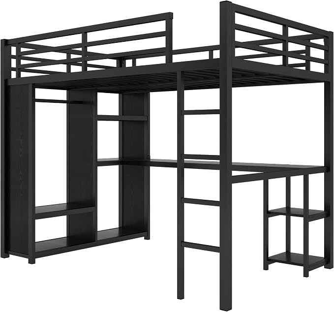Bellemave Full Size Loft Bed with Desk, Wardrobe, Metal Full Loft Bed Frame for Adults, Kids, Teens, Black