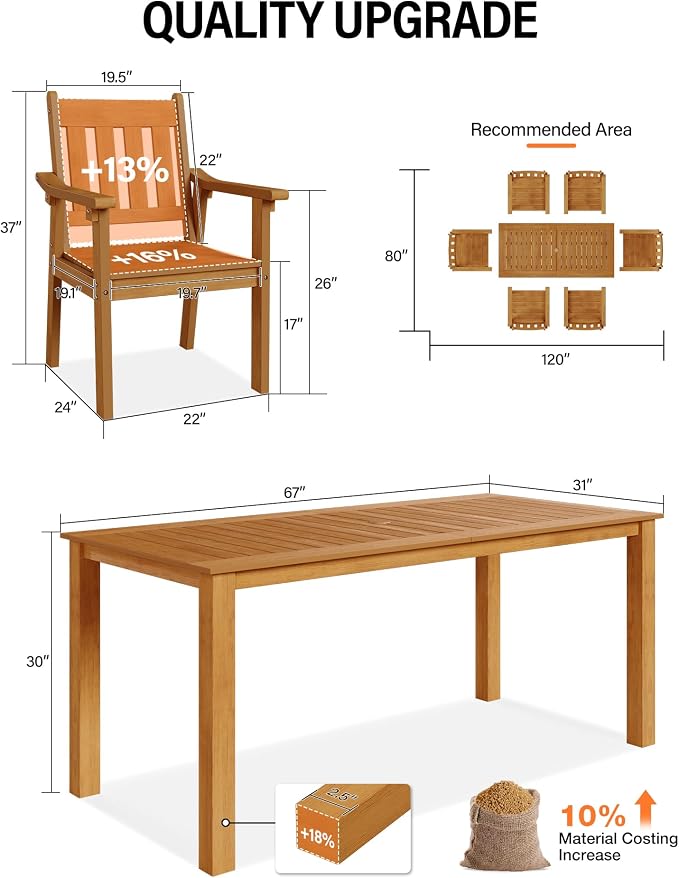 YEFU HIPS Patio Table Set: 7 Piece Outdoor Table and Chairs Dining Furniture Set with Umbrella Hole - Teak Modern Plastic Dining Sets 6 Person for Outside Deck with Metal Aluminum Frame