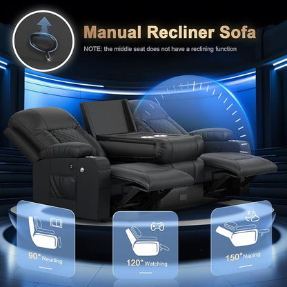 Loveseat Recliner Sofa with Flip Backrest Design, 3 Seat Reclining Couch with Drawer, Pocket, USB Ports & Phone Holders, Wall Hugger RV Sofa Recliner Couch for Home Theater Seating