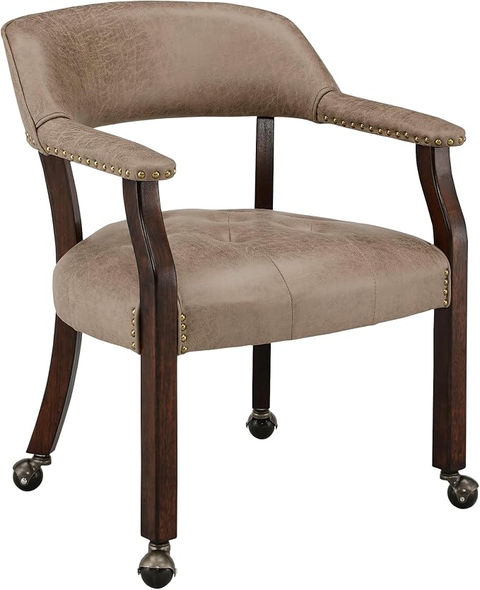 LEEMTORIG Dining Chairs with Casters and Arms, Rolling Dining Chairs with Wheels for Elderly, Ergonomic Wide Seat Wooden Office Desk Chair, 26" Dx25.2 W, Espresso Legs&Yellow Brown Fabric SY-318-LT