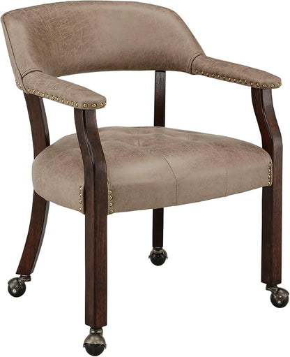 LEEMTORIG Dining Chairs with Casters and Arms, Rolling Dining Chairs with Wheels for Elderly, Ergonomic Wide Seat Wooden Office Desk Chair, 26" Dx25.2 W, Espresso Legs&Yellow Brown Fabric SY-318-LT
