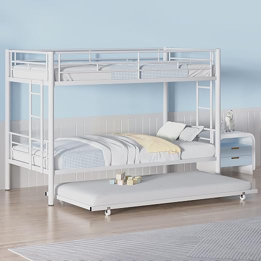VECELO Twin Over Twin Bunk Bed with Trundle, Off White | Metal Bunkbeds, 2 Side Ladders, Full-Length Guardrail, Noise Free, No Box Spring Needed