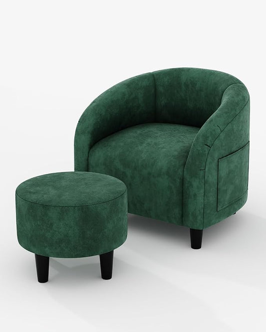 GarveeHome Accent Chair with Ottoman, Velvet Barrel Chair, Luxury Accent Armchair with Footstool for Reading Room Bedroom, Retro Green