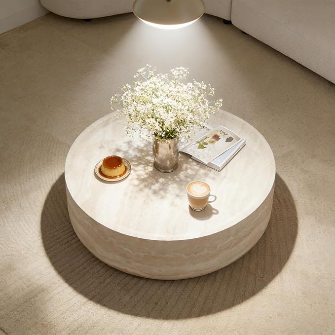 Faux Marble Coffee Table, Modern Round Coffee Table for Living Room, Circle Drum Coffee Side Tables, Fiberglass Center End Table for Small Place Apartment Office, 31.49" Marble