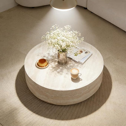 Faux Marble Coffee Table, Modern Round Coffee Table for Living Room, Circle Drum Coffee Side Tables, Fiberglass Center End Table for Small Place Apartment Office, 31.49" Marble