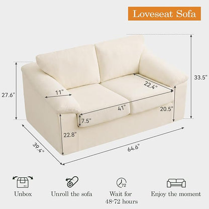 Boneless Loveseat Sofa, Modern Cloud Couch with Deep Seat, Thick Cushion and Curved Armrests, Upholstered Sofa for Living Room, No Assembly Required, Beige