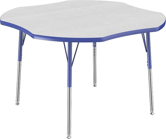 FDP Clover Activity School and Office Table (48 x 48 inch), Standard Legs with Swivel Glides for Collaborative Seating Environments, Adjustable Height 19-30 inches - Gray Top and Blue Edge