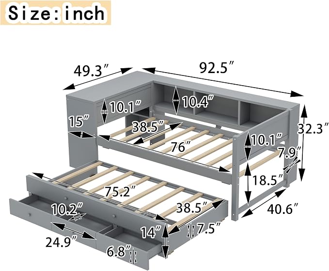 Bellemave Twin Size Corner Bed Frame with Storage Drawers and Desk,Captain Daybed with Bookcase,Corner Bed Frame Twin Size with Trundle for Kids,Teens,Guests,Gray
