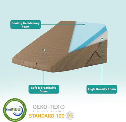 Wedge Pillow for Sleeping, Adjustable 9&12 Inch Foldable Bed Wedge Pillow Set, Orthopedic Memory Foam Triangle Pillows Wedge, 7-in-1 Elevated Pillows for Leg and Back Support, Brown