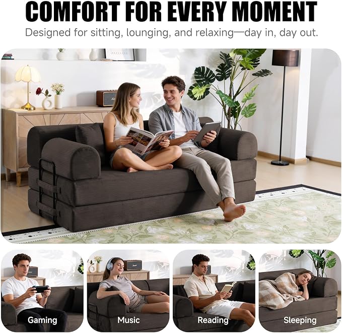78.8" Boneless Memory Foam Couch, Corduroy Convertible Floor Sofa Bed, Fold-Out Sleeper Futon Loveseat, Wide Armrests & Supportive Back, 1200 lb, Couch in a Box, 2 Pillows, Brown