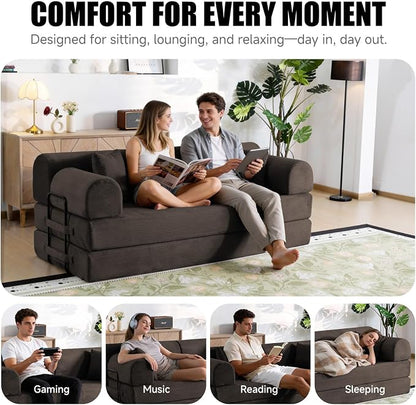 78.8" Boneless Memory Foam Couch, Corduroy Convertible Floor Sofa Bed, Fold-Out Sleeper Futon Loveseat, Wide Armrests & Supportive Back, 1200 lb, Couch in a Box, 2 Pillows, Brown