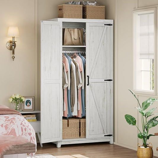 AMERLIFE Farmhouse Armoire Wardrobe Closet with 2 Barn Doors, 71'' Storage Cabinet with Hanging Rod & Shelf, Versatile Clothing Storage for Bedroom, White