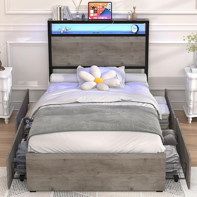 Kiivakii Twin Size Bed Frame with 4 Storage Drawers, LED Platform Bed with Headboard, Built in Charging Station, Noise-Free, Metal Support Base, No Box Spring Needed, Gray