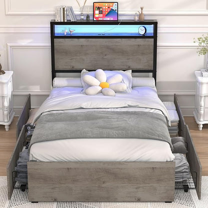 Kiivakii Twin Size Bed Frame with 4 Storage Drawers, LED Platform Bed with Headboard, Built in Charging Station, Noise-Free, Metal Support Base, No Box Spring Needed, Gray