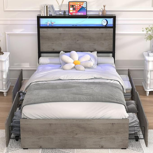 Kiivakii Twin Size Bed Frame with 4 Storage Drawers, LED Platform Bed with Headboard, Built in Charging Station, Noise-Free, Metal Support Base, No Box Spring Needed, Gray