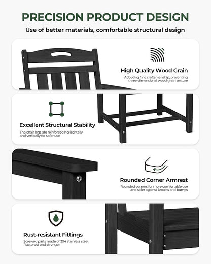 Set of 2 Weatherproof Patio Chairs - HDPE Outdoor Dining Chairs with Wide Seat, Ergonomic Design - for Garden, Backyard, Deck - Black