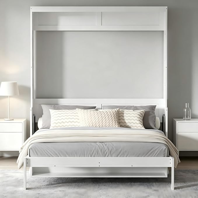 PVWIIK Queen Size Murphy Bed with Desk,Storage Shelf for Small Space,Bedroom,Guest Room,Wood Hidden Wall Multifunctional Bed Space-Saving Cabinet,White