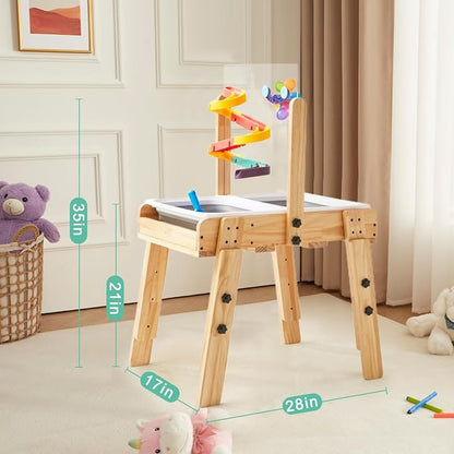 Kids Wooden Sensory Activity Table with 2 Collapsible Storage Bins, Acrylic Painting Board, Adjustable Height from 18-25”, Grow with Your Beloved.