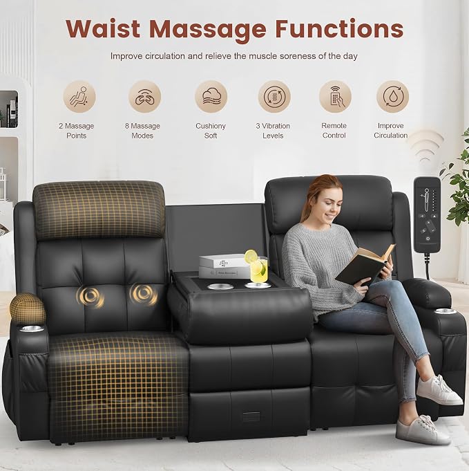 Recliner Sofa, Massage Reclining Sofa 3 Seater Sets Heavy Weight Capacity, RV Loveseat Couch Clearance with Flip Back Console, Storage, Cup Holders, Wall Hugger Reclining Couch for Living Room