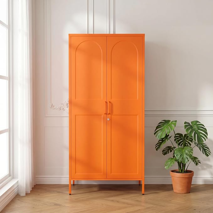 Orange Lockable Metal Storage Wardrobe, Tall Freestanding Cold Rolled Steel Cabinet with Arched Embossed Doors, Elevated Feet for Bedroom Office Storage Size：67" H x 31.5" W x 18.1" D