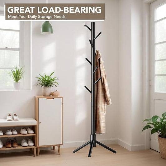 Hupmad Wooden Tree Coat Rack Stand,Sturdy Freestanding Coat Rack with 8 Hooks,3 Adjustable Height for Child Adult,Wood Coat Stand Tree Fits Entryway Bedroom Office for Bags,Hats, 2 Pack