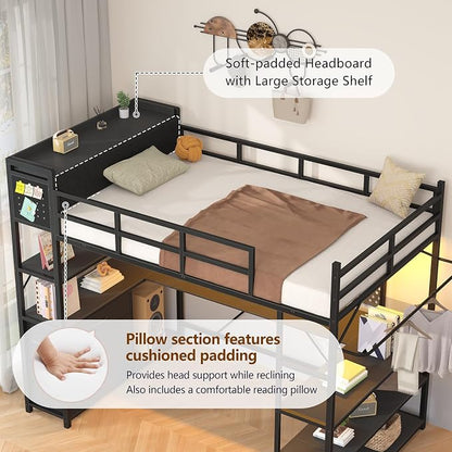 Loft Bed Twin Size with Storage Upholstered Headboard, Black Twin Loft Bed Frame with U-Shaped Desk & LED Lights, Bunk Loft Beds with Power Outlet, Loft Beds with 4 Storage Drawers, Guard & Ladder