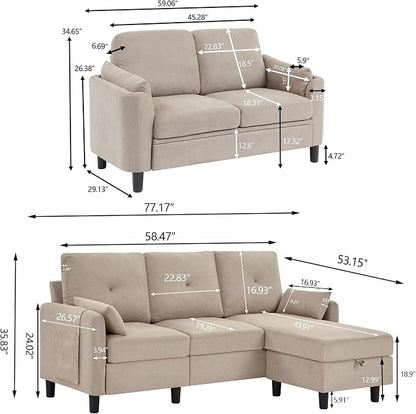 Convertible Sectional Couch Set, 77" L Shaped Sofa with Ottoman and 57" Loveseat, Modern Couches for Living Room, Apartment and Office, Beige