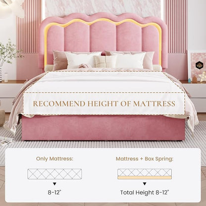 SHA CERLIN Upholstered Full Size Bed Frame with LED Lights and Large Storage Drawer, Velvet Platform Bed with Adjustable Wavy Headboard, Noise Free, Easy Assembly, No Box Spring Needed, Soft Pink